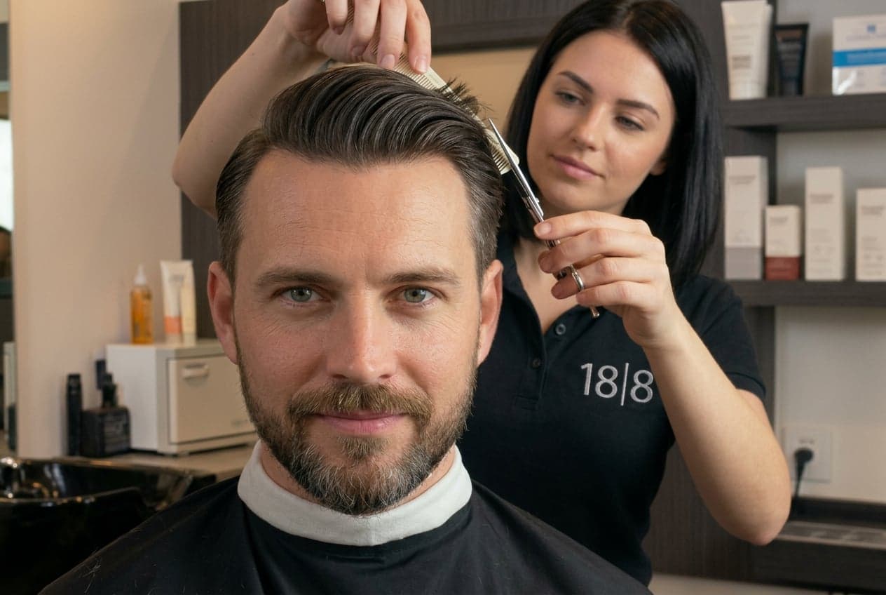 Men's Haircuts Stylist giving a precision men's haircut at 18|8 Fine Men's Salons in Dallas